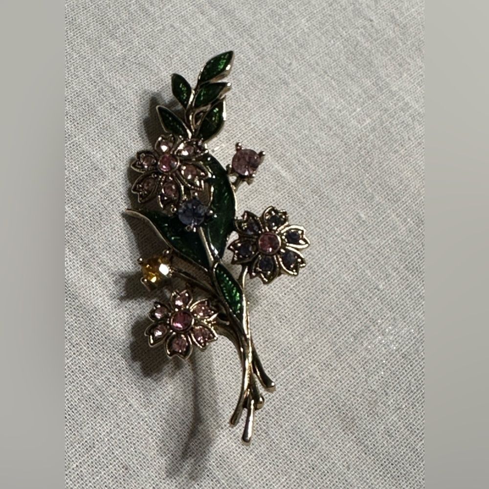 Vintage Enamel Pink Stone  Floral Bouquet Brooch Pin